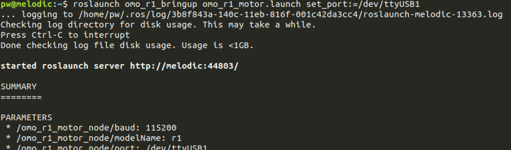 omo_r1_motor.launch를 port를 지정해서 실행한 화면