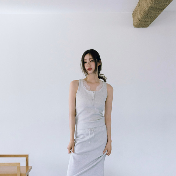 Waffle-knit jersey long skirt (melange gray) : MONOHA