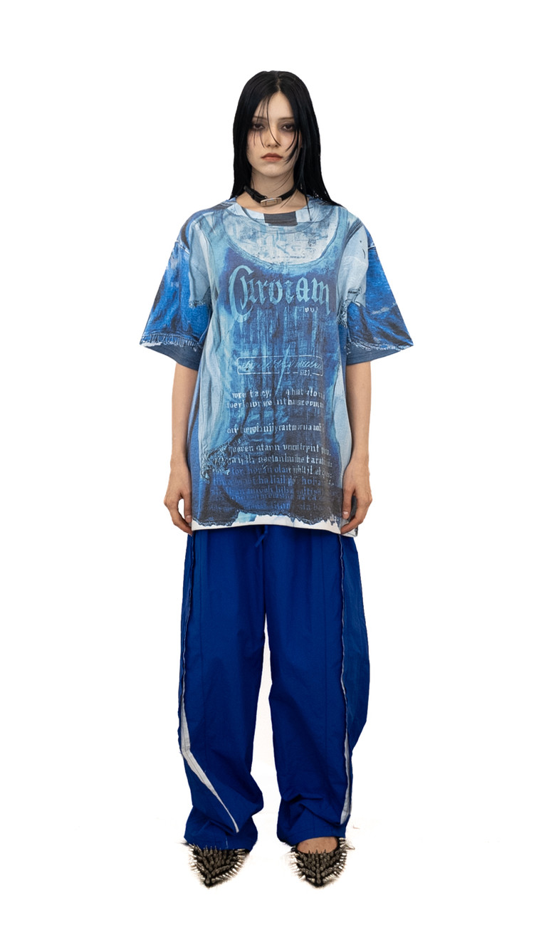 Tシャツ・カットソー [DOGMA EHKS] TROMPE L'OEIL RUGGED CROP SHORT SLEEVE OVERSIZED TROMPE L'OEI TOP BLUE : DOGMA EHKS