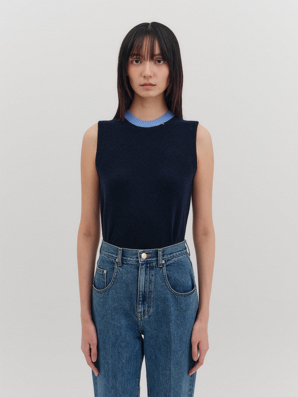 [EENK] / ☆ Contrast Knit Top / Red Contrast Sleeveless Knit Top - Navy : EENK SHOP