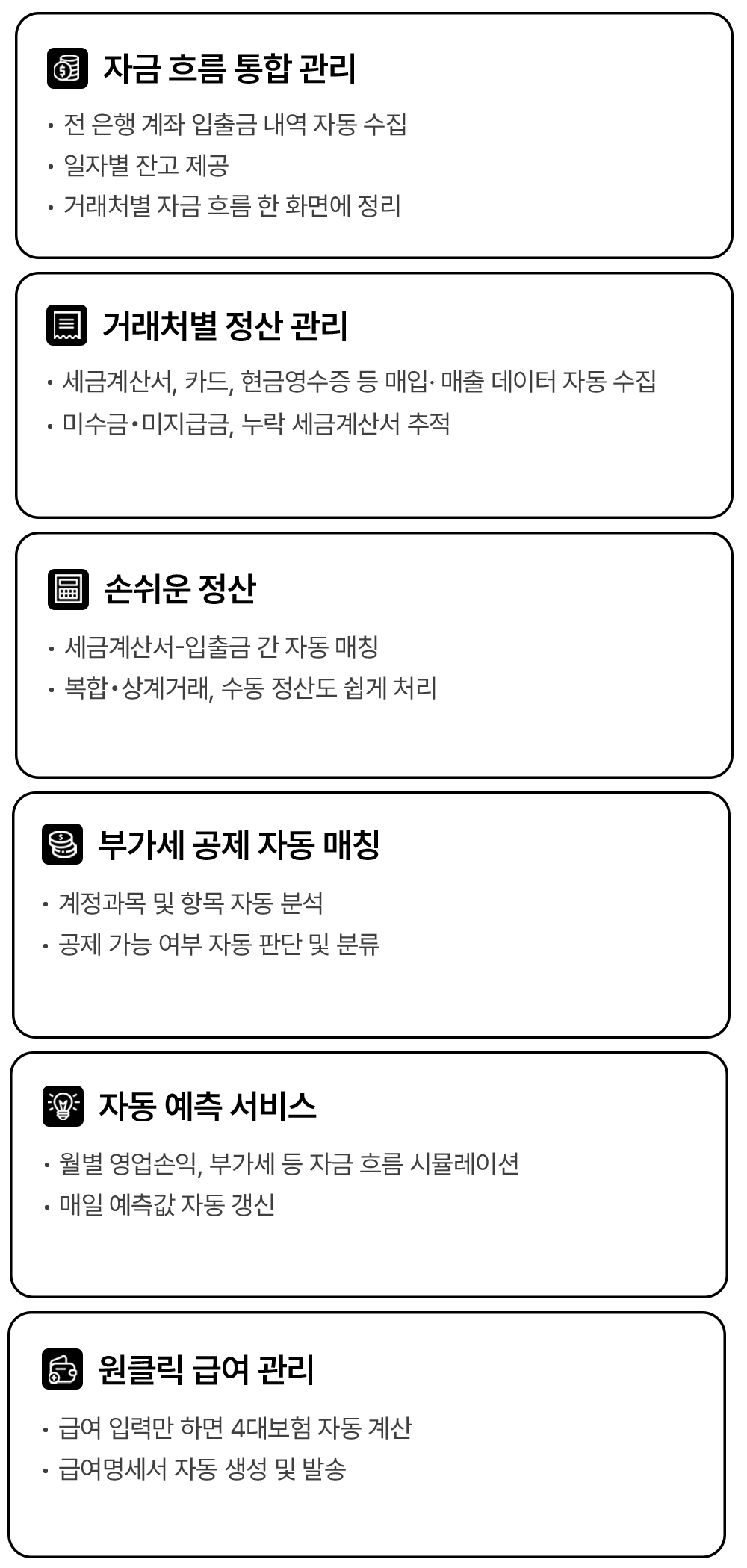 자금 흐름 통합 관리, 거래처별 정산 관리, 손쉬운 정산, 부가세 공제 자동매칭, 자동 예측 서비스, 원클릭 급여 관리