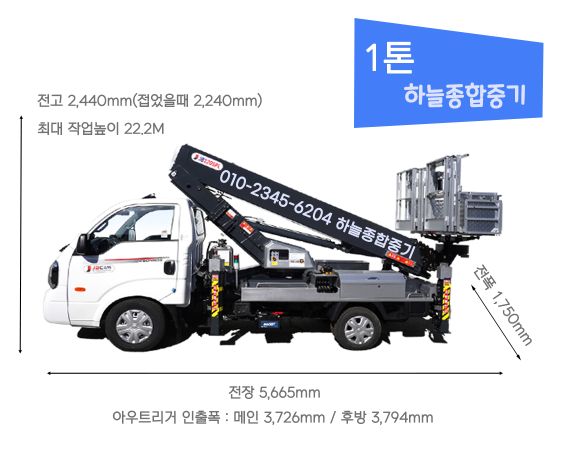 <strong>1톤스카이</strong><br/>16m-20m 작업가능합니다<br/>골목이나 유동인구 많은 혼잡한 곳에 적합해요