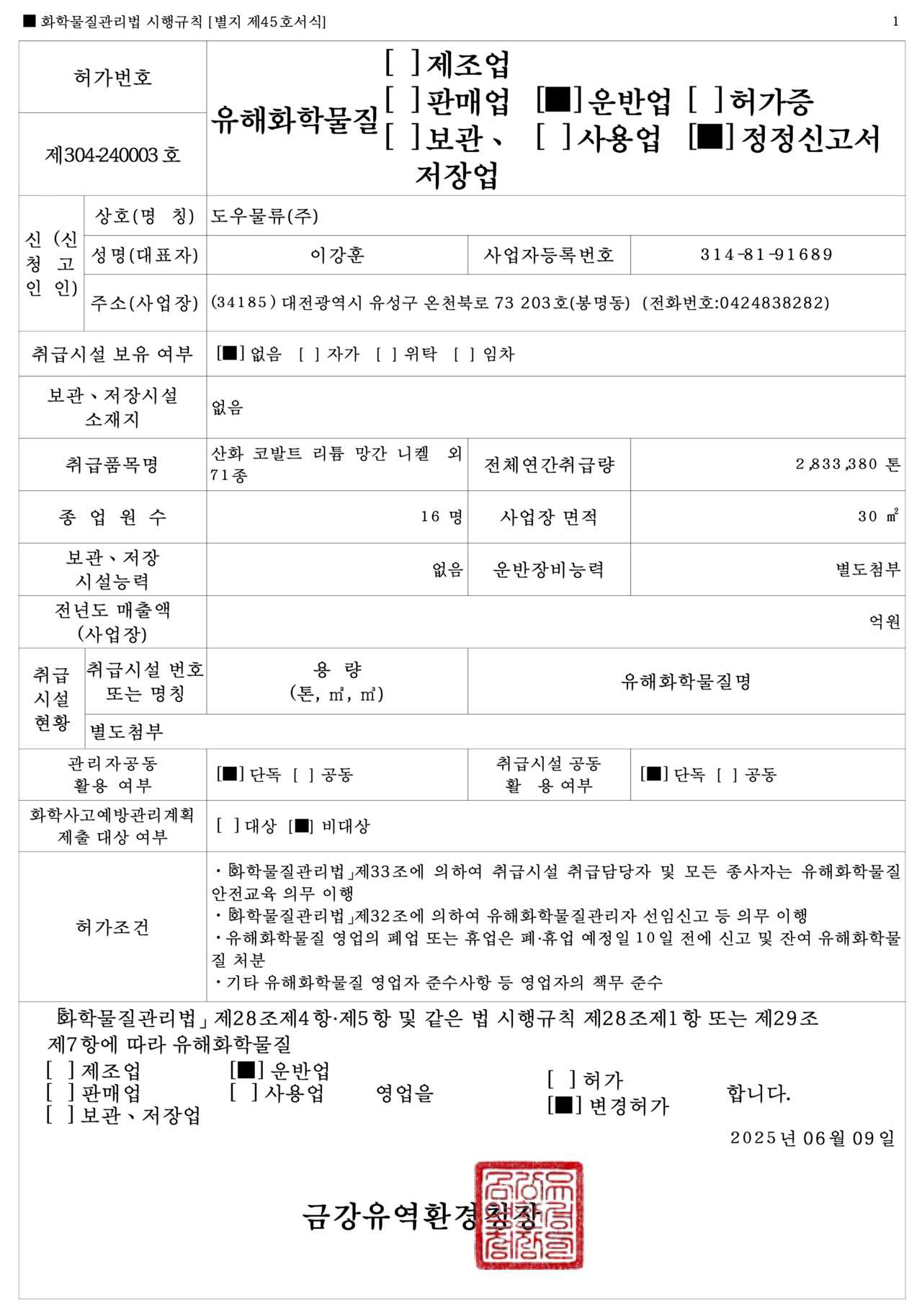 유해화학물질 운반법 허가증