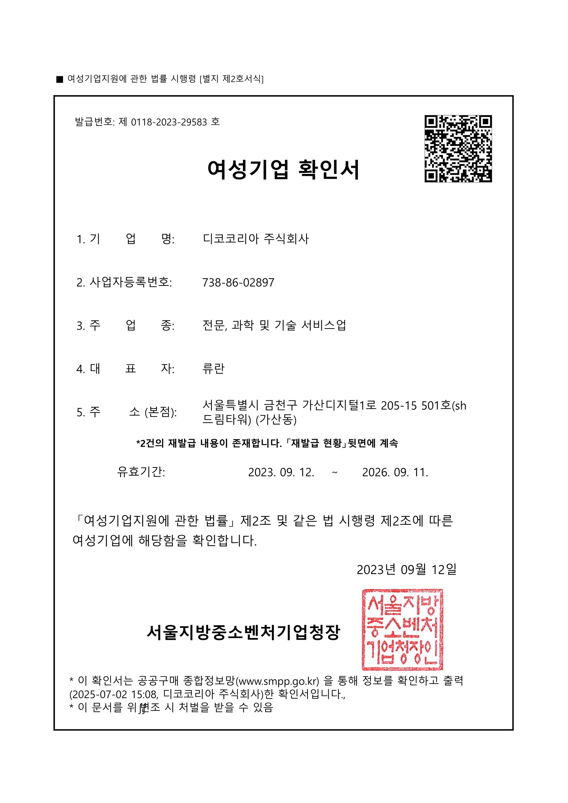 여성기업 확인서