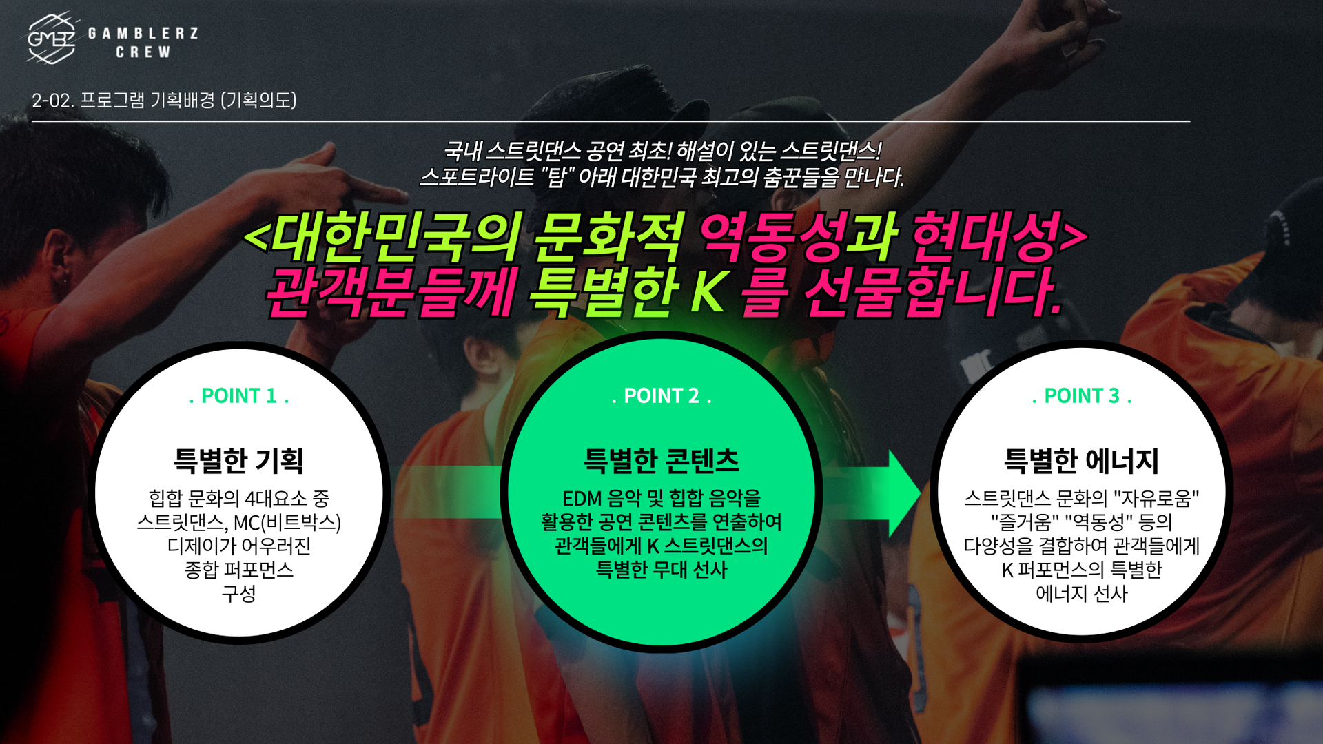갬블러크루 프로그램 기획배경 소개 이미지로, 국내 스트릿댄스 공연 최초 해설이 있는 스트릿댄스를 선보이며 스포트라이트 아래 대한민국 최고의 춤꾼들을 만나는 특별한 K 퍼포먼스를 제공, 힙합 문화 4대 요소인 스트릿댄스와 MC·디제이가 어우러진 종합 퍼포먼스 구성, EDM·힙합 음악 활용 공연 콘텐츠로 관객에게 K 스트릿댄스의 특별한 무대 경험 제공, 자유로움·즐거움·역동성 등 스트릿댄스 문화의 다양성을 결합해 관객에게 특별한 에너지를 선사하는 내용을 담은 이미지