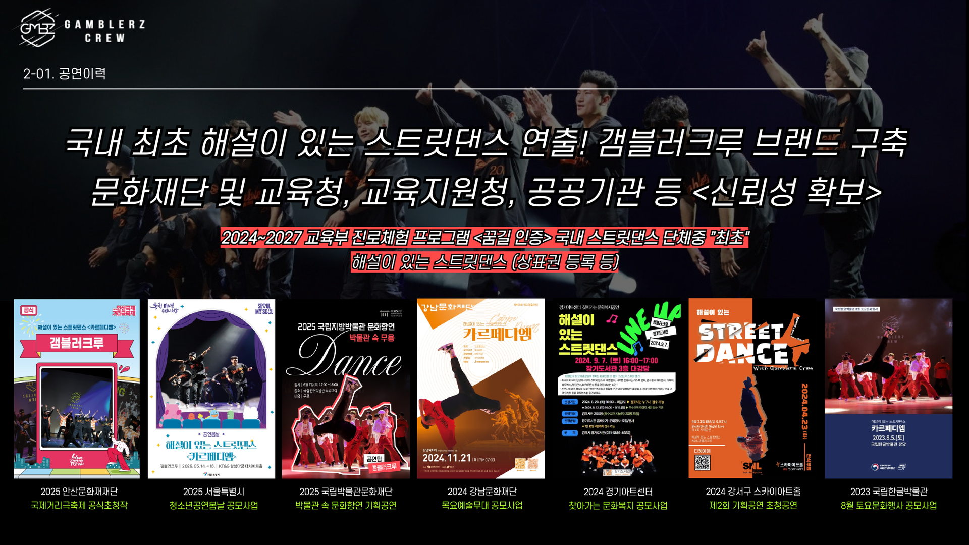 갬블러크루 공연이력 소개 이미지로, 국내 최초 해설이 있는 스트릿댄스 연출을 통해 브랜드를 구축하고 문화재단·교육청·교육지원청·공공기관과 협력하며 신뢰성을 확보한 활동, 2024~2027 교육부 진로체험 프로그램 꿈길 인증, 국내 스트릿댄스 단체 최초 해설형 공연 상표권 등록, 2025 안산문화