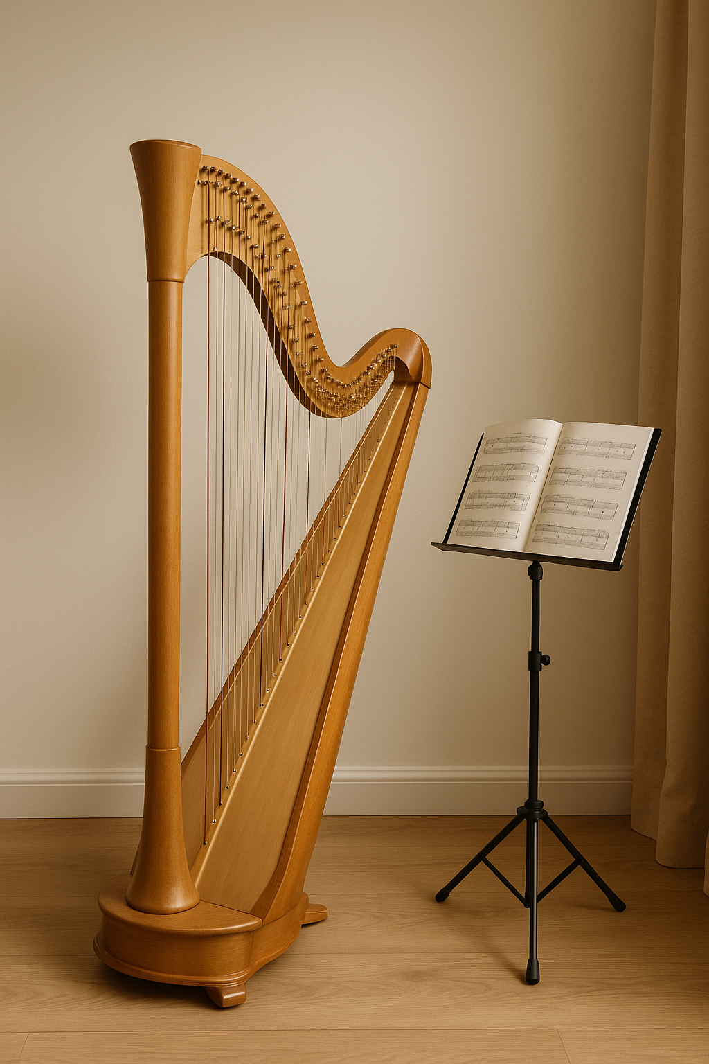 <div style="position:relative;width:360px;height:450px;background-image:url('7b5b9114-a729-4cb5-adc5-2c4e19377c71.png');background-size:cover;background-position:center;border-radius:20px;overflow:hidden;font-family:sans-serif;color:white;"><div style="position:absolute;bottom:30px;left:20px;right:20px;line-height:1.5;"><div style="font-size:14px;opacity:0.9;">입문자를 위한 첫 하프</div><div style="font-size:22px;font-weight:bold;margin:6px 0;">Harp & Sheet Music</div><div style="font-size:14px;opacity:0.9;">감성적인 연주의 시작<br>기본 악보와 함께 처음 만나는 하프</div></div></div>