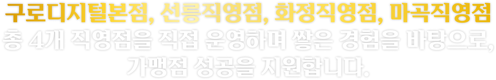 구로디지털본점,선릉직영점,화정직영점,마곡직영점 총 4개 직영점을 직접 운영하며 쌓은 경험을 바탕으로 가맹점 성공을 지원합니다