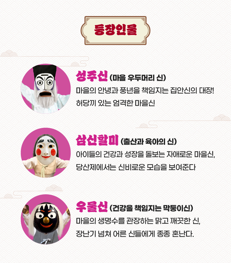 마당놀이 지신지신 등장인물 소개 – 성주신, 삼신할미, 우물신 등 전통 마을신들의 특징과 역할을 소개하는 캐릭터 안내 이미지