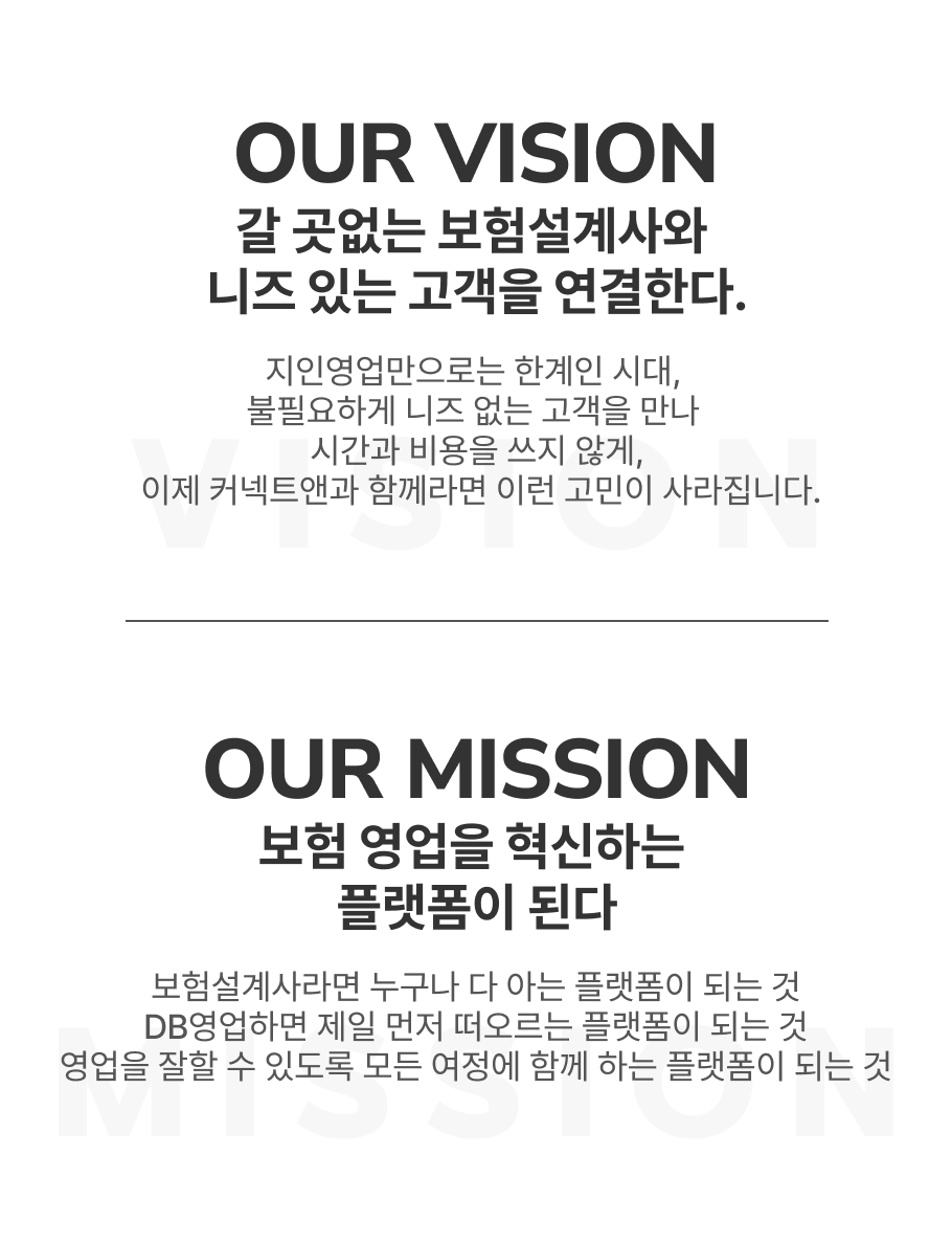 이 이미지는 커넥트앤의 비전(OUR VISION)과 미션(OUR MISSION)을 소개하는 그래픽입니다.  OUR VISION: "갈 곳없는 보험설계사와 니즈 있는 고객을 연결한다."라는 문구와 함께, 지인영업의 한계와 비효율적인 고객 발굴 문제를 커넥트앤이 해결한다는 설명이 포함되어 있습니다.  OUR MISSION: "보험 영업을 혁신하는 플랫폼이 된다."라는 문구와 함께, 보험설계사라면 누구나 아는 플랫폼, DB영업하면 가장 먼저 떠오르는 플랫폼, 영업 성공을 돕는 동반자가 되는 플랫폼이 된다는 내용을 담고 있습니다.