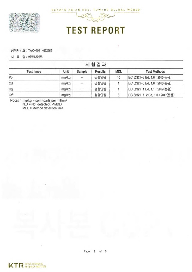 유해 중금속 검출 시험성적서