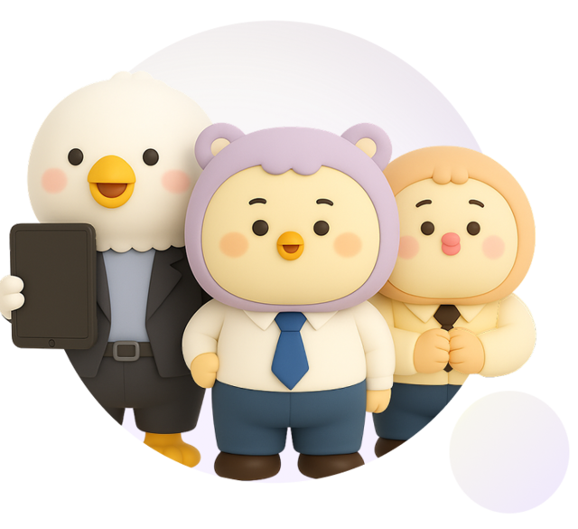 커넥트앤 마스코트 캐릭터 셋이 나란히 서있는 이미지