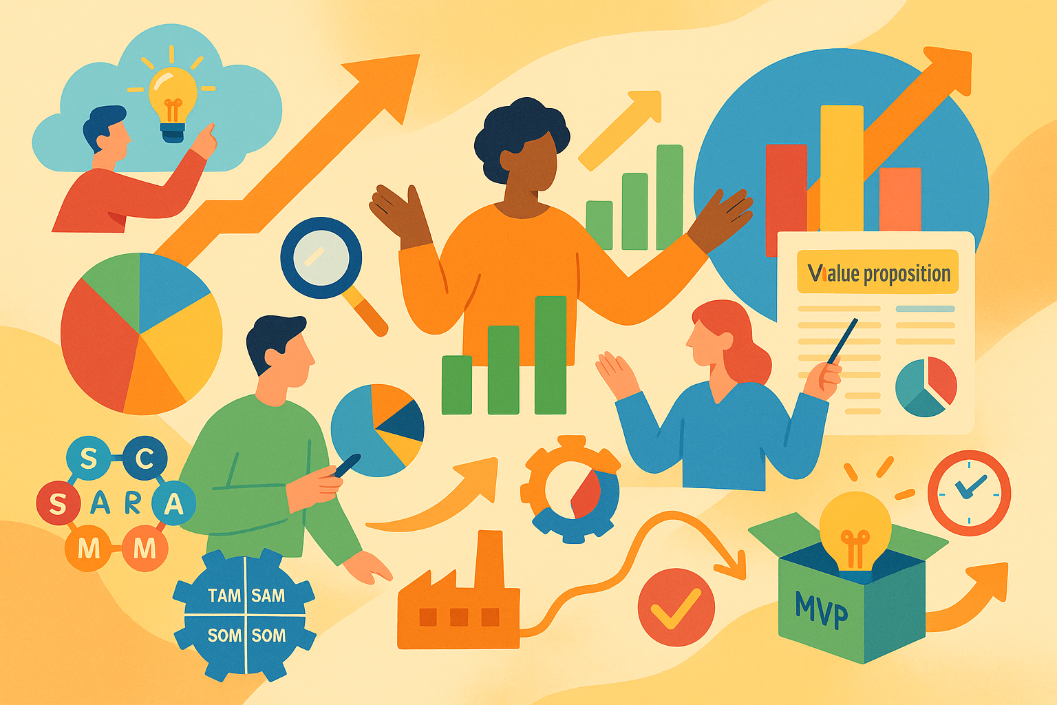 신시장·신사업 발굴 워크숍 다이어그램: 시장 분석, 가치 제안, TAM·SAM·SOM, MVP 개발 과정 시각화