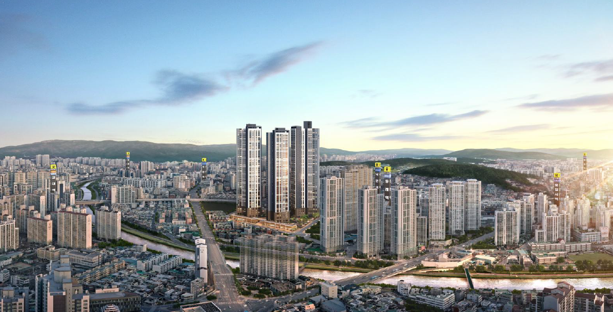 동래반도유보라 항공조감도, 단지 전경과 주변 인프라를 한눈에 조망한 이미지