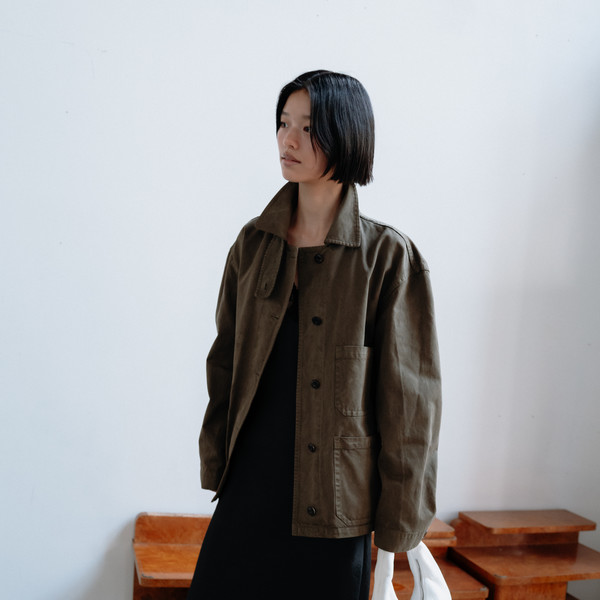 Cotton dying work jacket (khaki / blue gray) : MONOHA