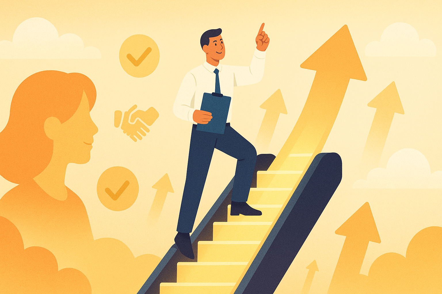 세일즈 커뮤니케이션 일러스트: 영업 담당자가 상승 화살표와 함께 계단을 오르는 장면