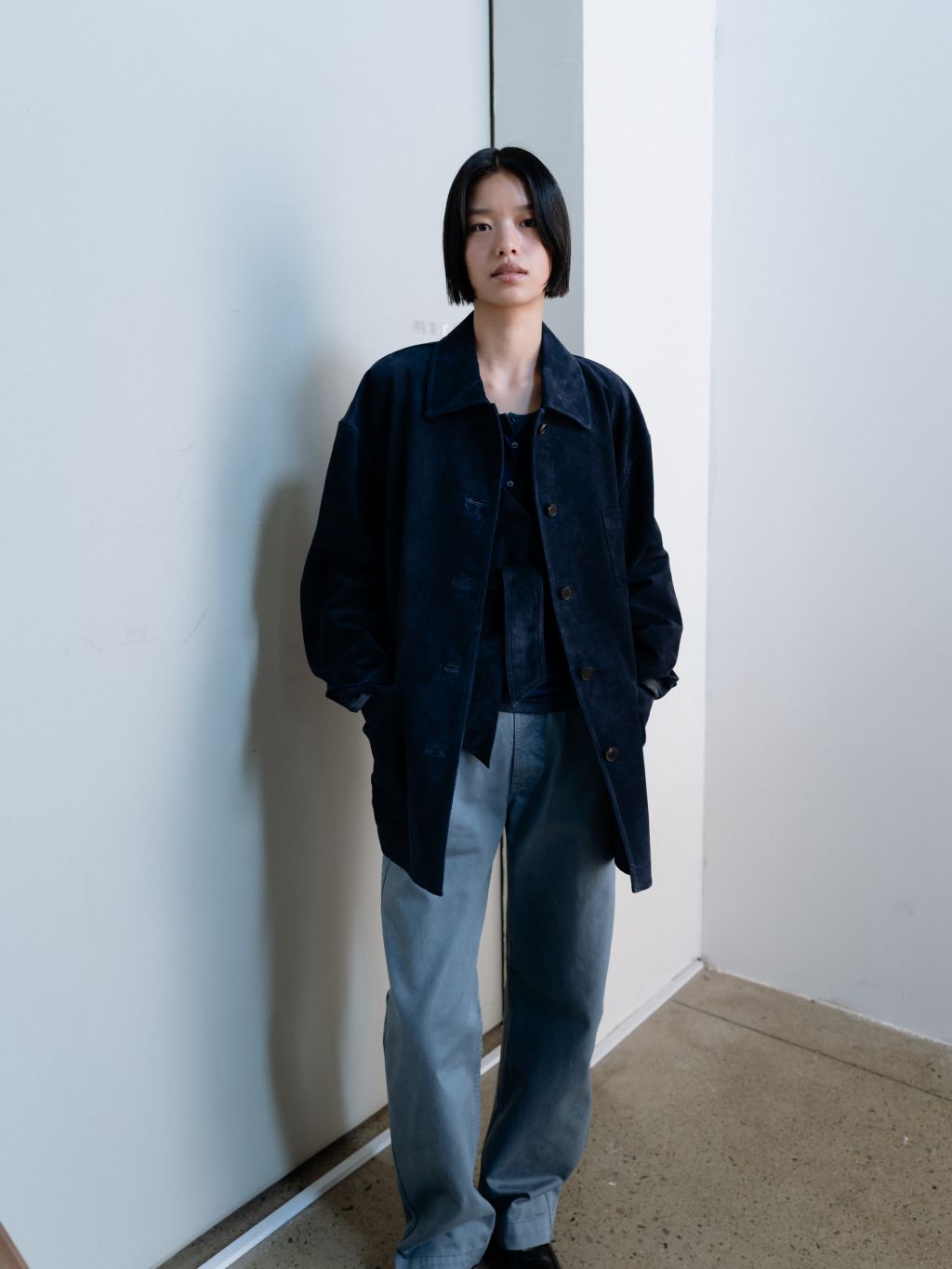 Dusty suede work jacket (khaki beige / navy / brown) : MONOHA