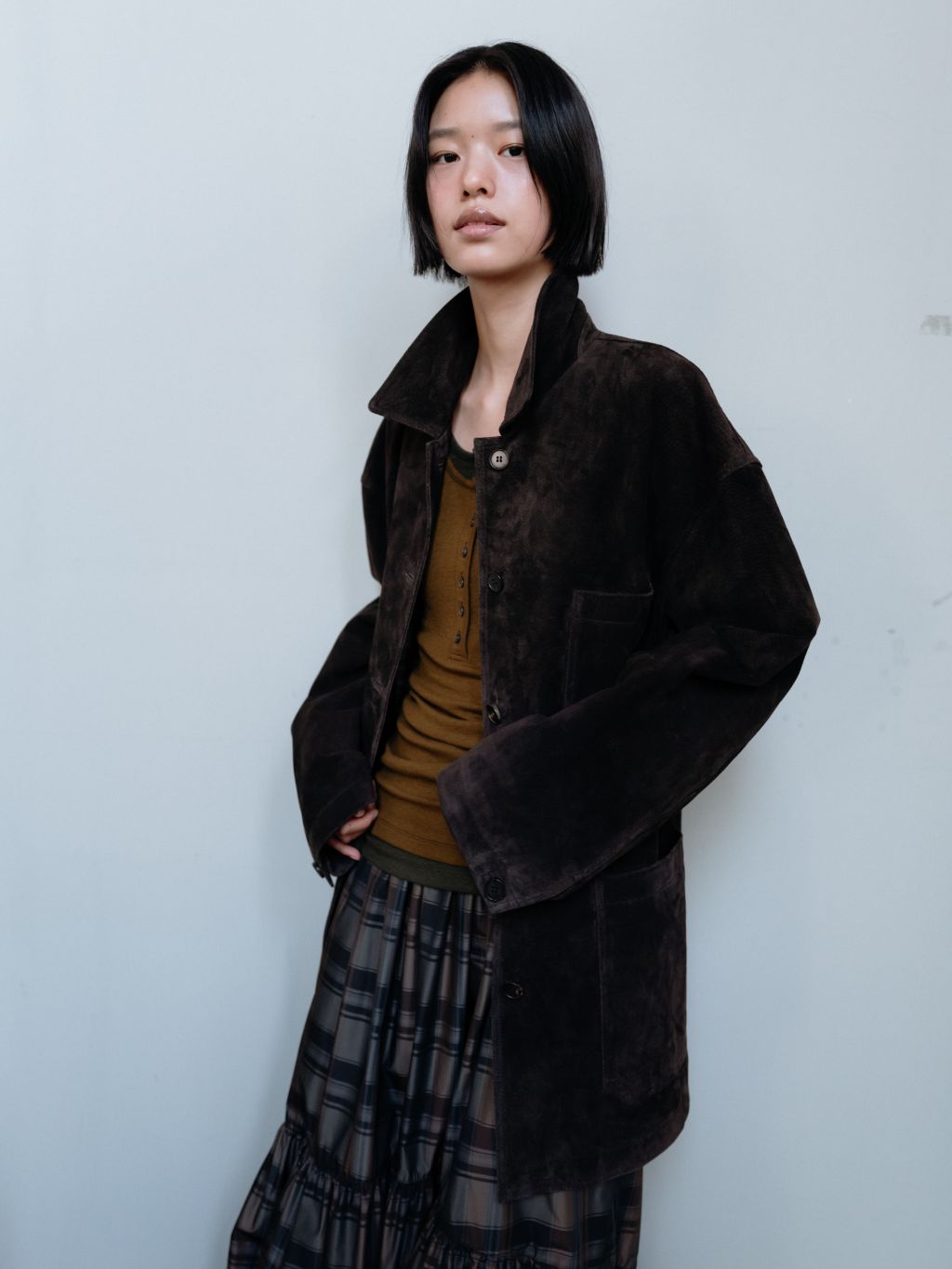 ジャケット・アウター MONOHA Coated cotton work jacket / brown Dusty suede work jacket (khaki beige / navy / brown) : MONOHA