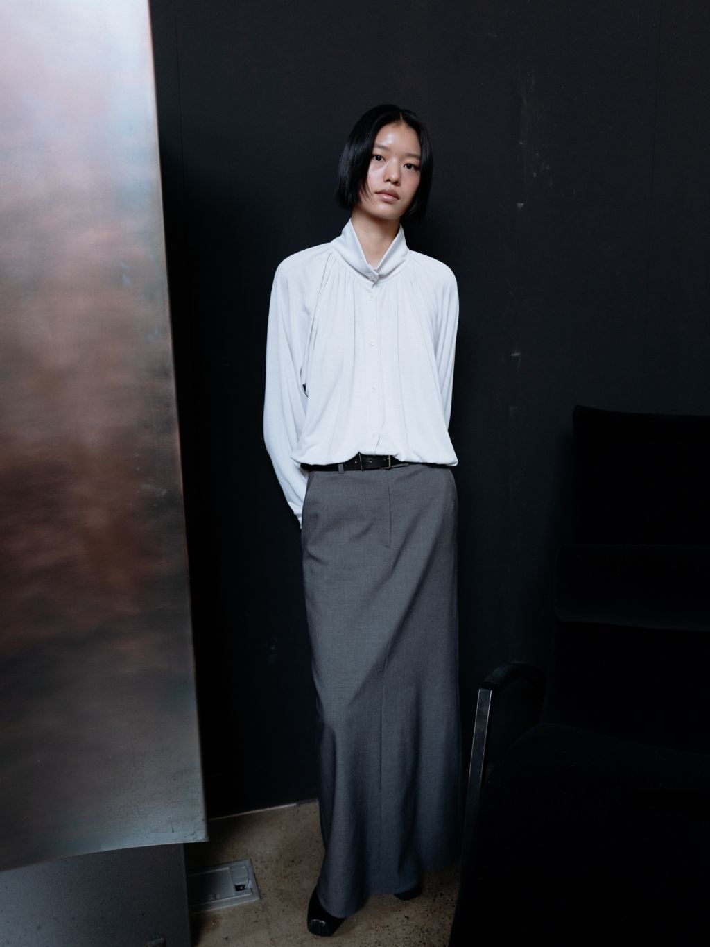 Tailored wool long skirt (melange gray / ash brown) : MONOHA