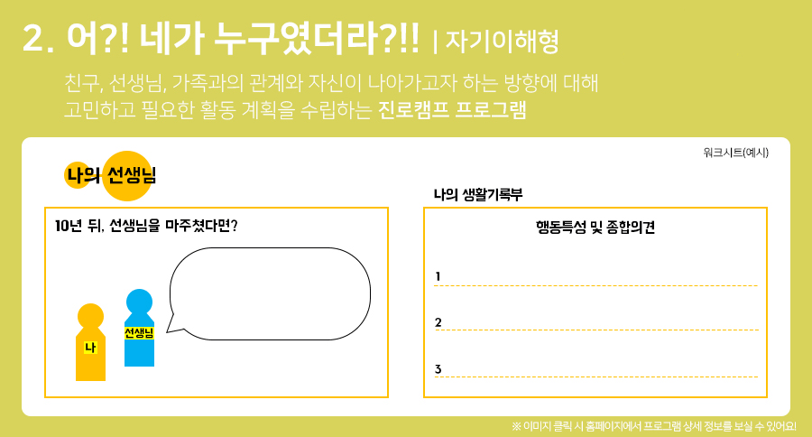 친구, 선생님, 가족과의 관계와 자신이 나아가고자 하는 방향에 대해 고민하고 필요한 활동 계획을 수립하는 진로캠프 프로그램