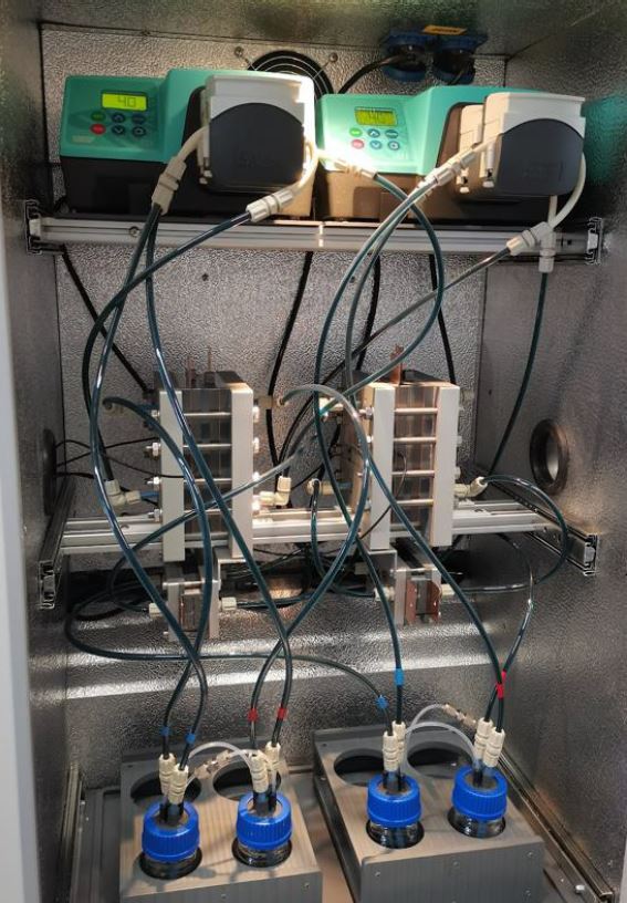 Full setup for 2 RFB cells inside a climate chamber