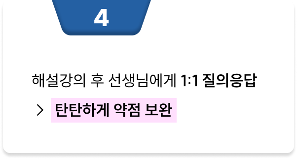 <p>해설강의 후 선생님에게 1:1 질의응답 → 탄탄하게 약점 보완</p>