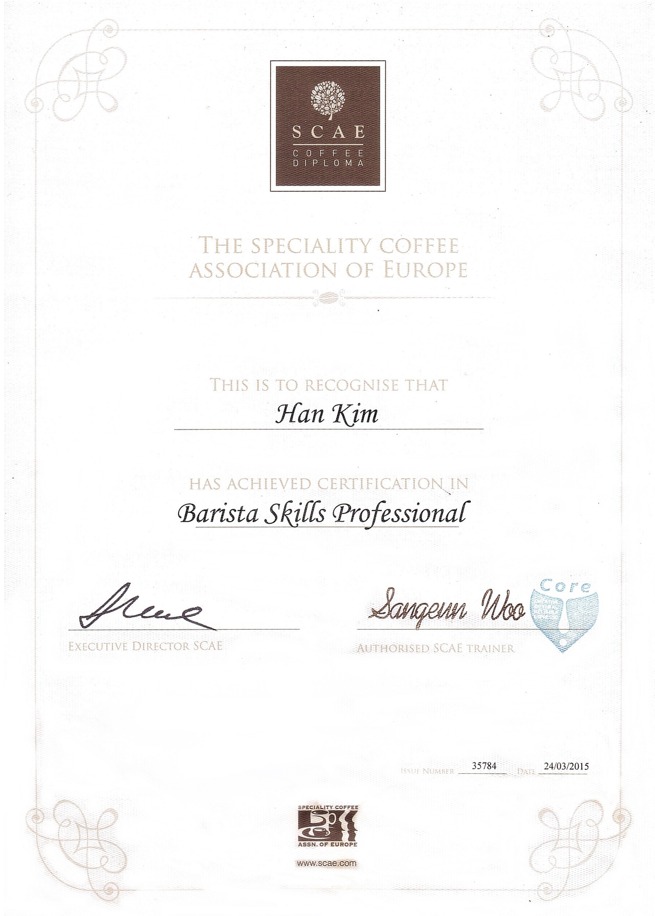 유럽커피협회 SCAE 프로페셔널 바리스타 인증서