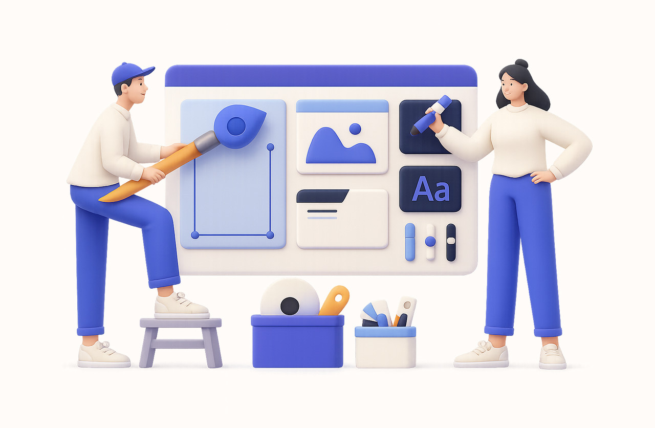 디자인을 직접 수정하는 여자와 남자