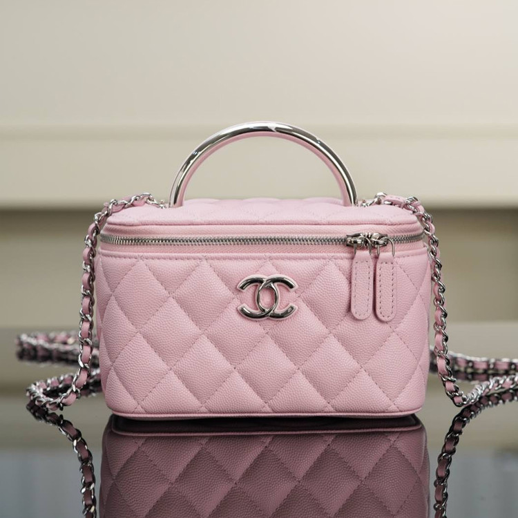 샤넬 탑핸들 캐비어 핑크 실버 베니티백