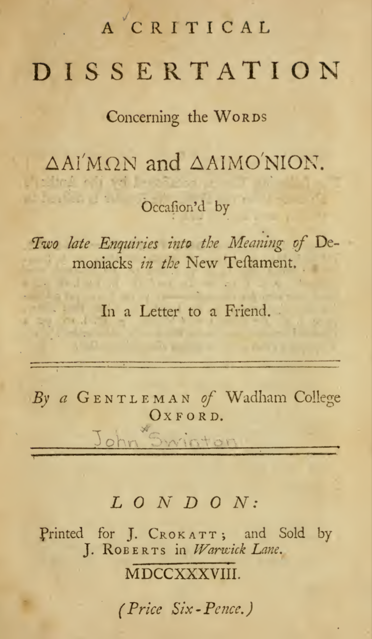 A critical dissertation concerning the words daímon and daimónion : DDN ...