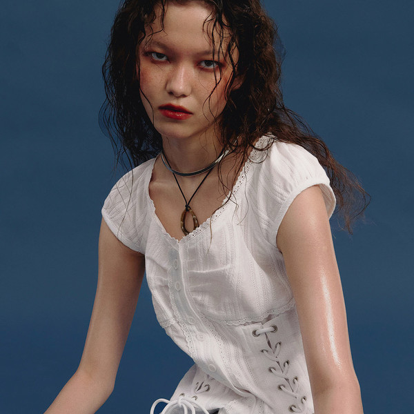 Eyelet Lace Up Blouse (WHITE) : NOTKNOWING