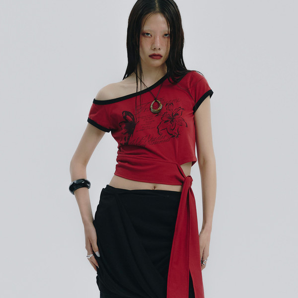 Tied One Off Shoulder Ringer Top (DEEP RED) : NOTKNOWING