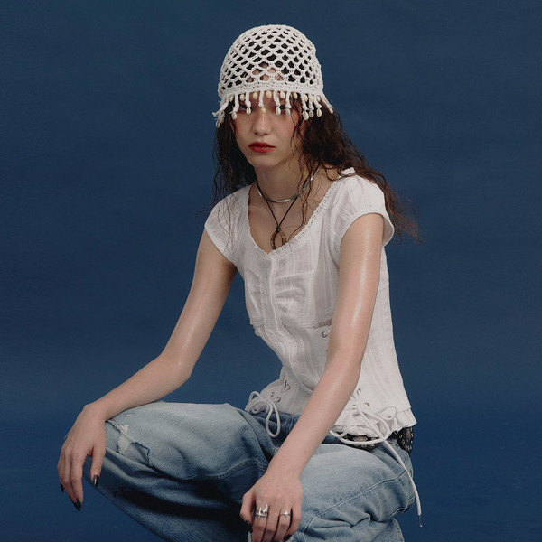 Eyelet Lace Up Blouse (WHITE) : NOTKNOWING