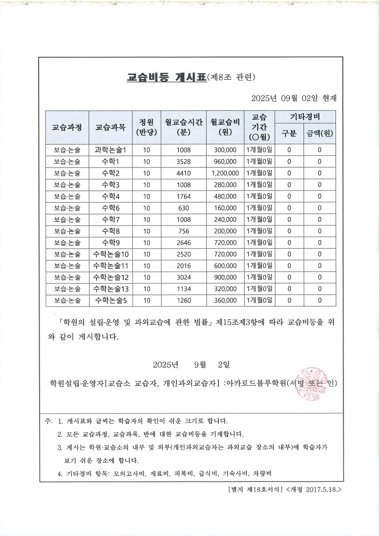 아카로드블루학원(강남 서초 교육지원청 등록 제 14184호) 교습비