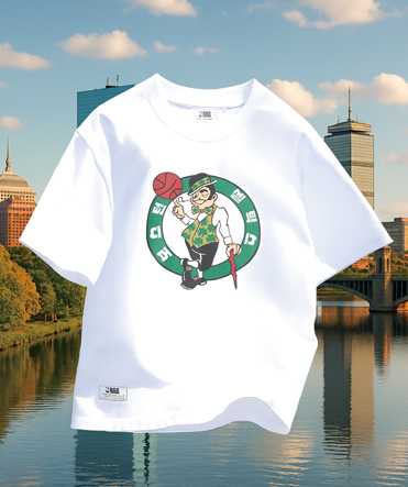 보스턴 셀틱스 팀 그래픽과  로고 디테일이 돋보이는 티셔츠