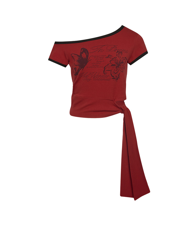 Tied One Off Shoulder Ringer Top (DEEP RED) : NOTKNOWING