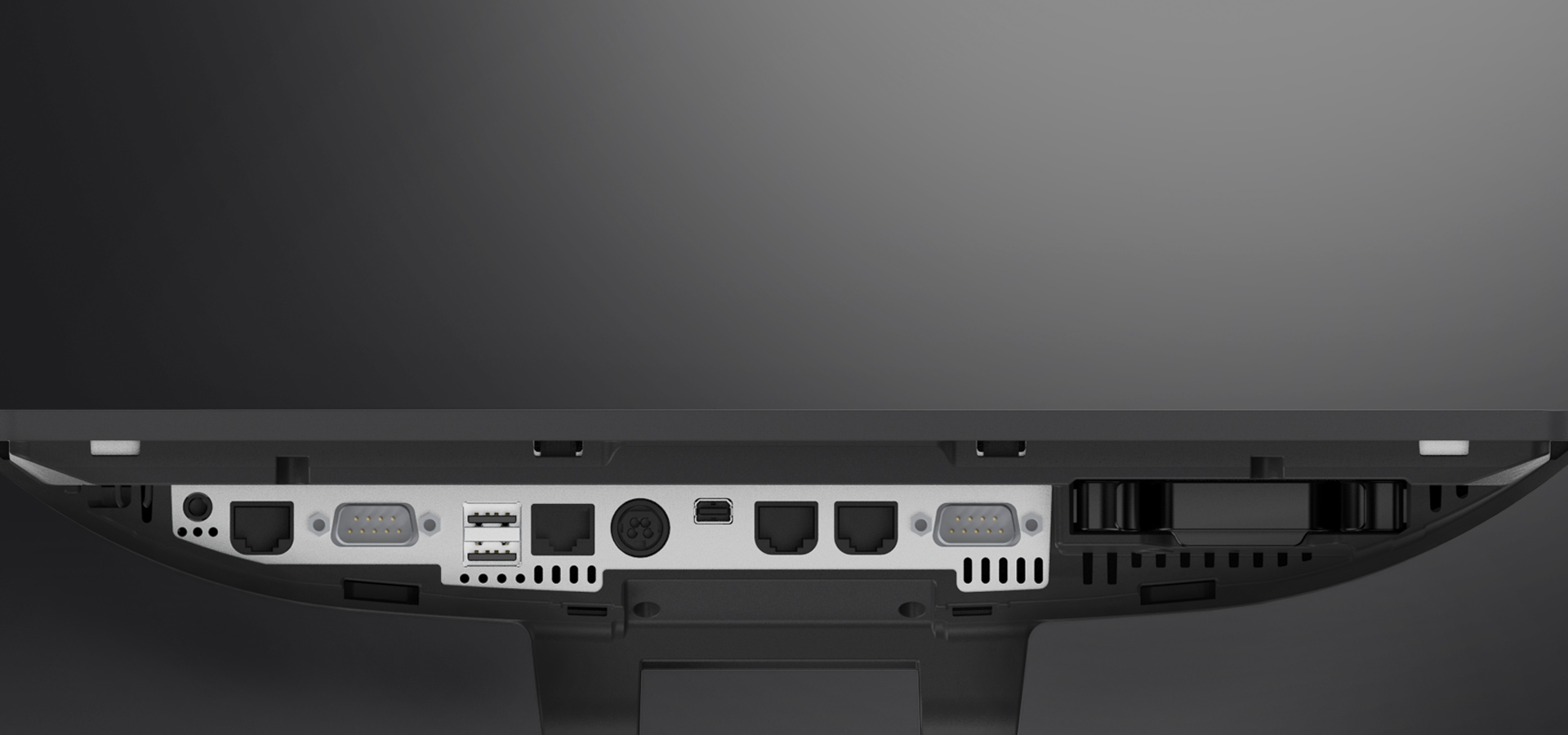 <br><br><p>6개의 USB 포트와 6개의 시리얼 포트를 포함한 다양한 입출력 포트를 제공하여<br> 매장에 설치된 장비들과 다양한 방식으로 연결 할 수 있습니다.<br> 후면 상단에 입출력 포트를 제공하여 신속한 설치와 유지 보수로 시간과 비용을 절약할 수 있습니다.