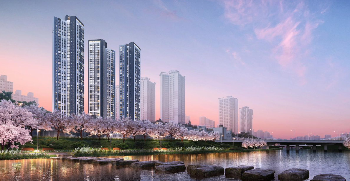 동래반도유보라 천변 투시도 온천천 수변과 단지가 어우러진 전경