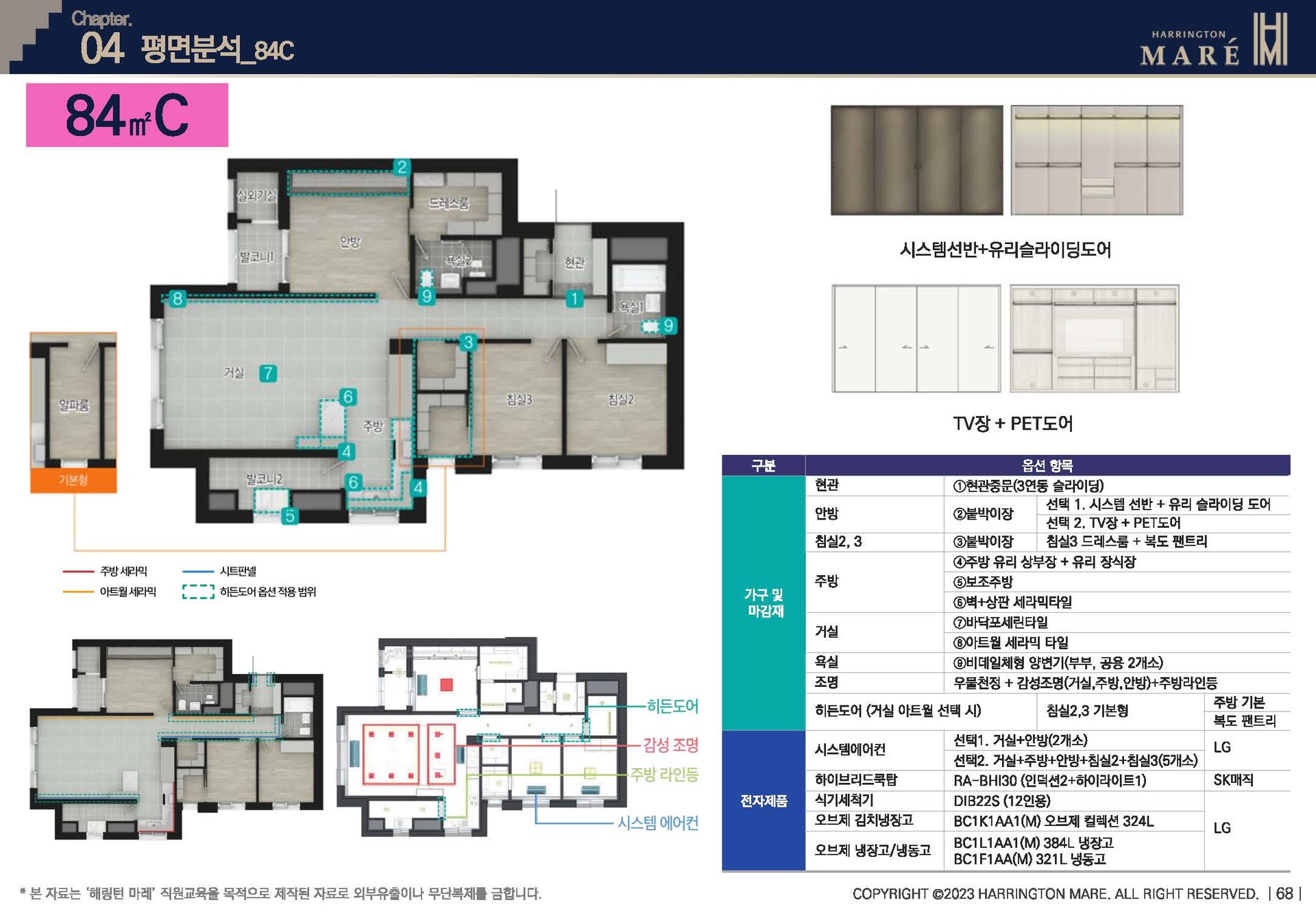 해링턴마레 84C㎡ 아파트 평면도, 개방감 있는 남향 위주의 배치와 효율적인 생활 동선
