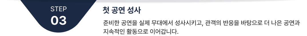 3. 첫 공연 성사: 준비한 공연을 실제 무대에서 성사시키고, 관객의 반응을 바탕으로 더 나은 공연과 지속적인 활동으로 이어갑니다.