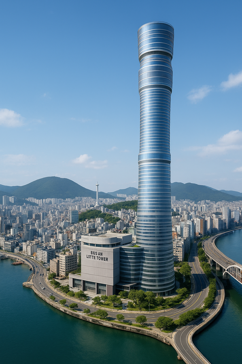 부산 남포동 해안가에 위치한 미래형 마천루, 롯데타워 스타일의 고층 건물. 유리와 금속 외관, 스카이워크와 하늘정원 포함. 주변 도심과 바다 풍경이 보이는 현대적 랜드마크.
