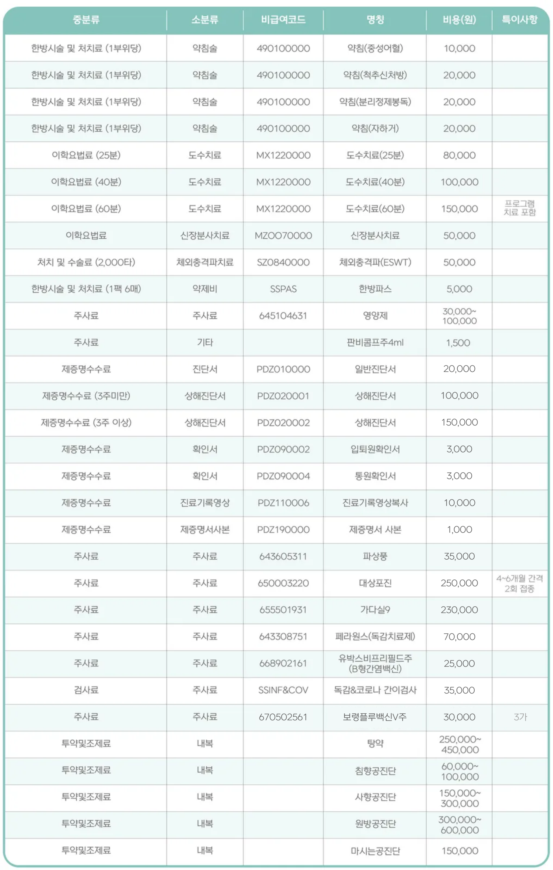 새순한방병원 비급여 안내