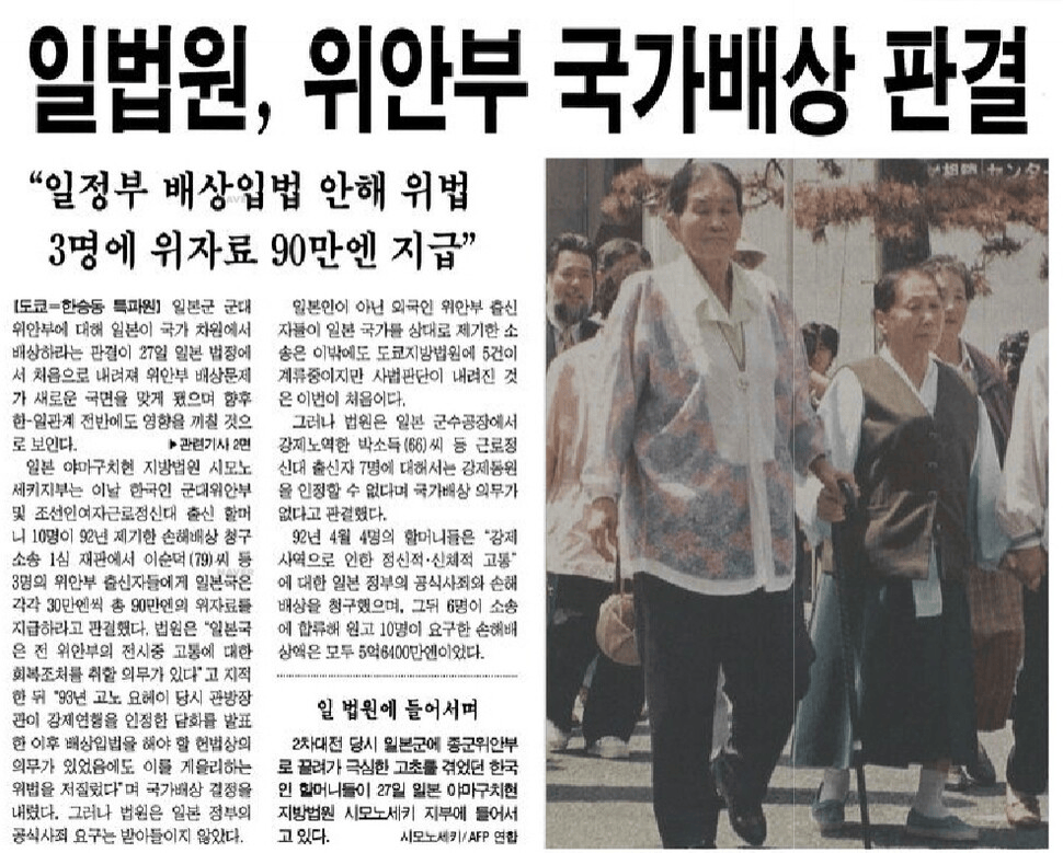 손을 잡고 법원에 들어가고 있는 박두리(좌)와 이순덕(우) - 『한겨레』, 1998.4.28.