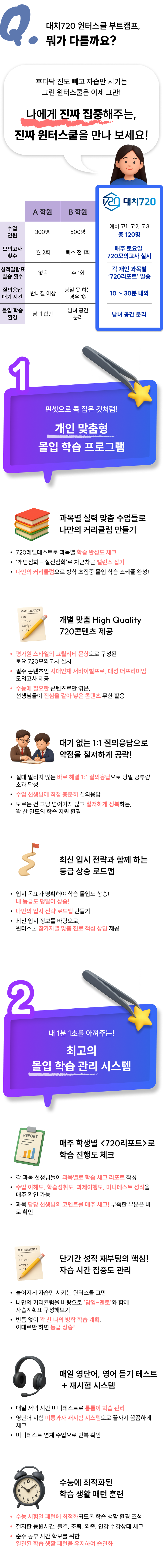 <h3>후다닥 진도 빼고 자습만 시키는 윈터스쿨은 이제 그만! 나에게 진짜 집중해주는, 진짜 윈터스쿨을 만나 보세요!</h3><h4>핀셋으로 콕 집은 것처럼! 개인 맞춤형 몰입 학습 프로그램</h4><h4>내 1분 1초를 아껴주는! 최고의 몰입 학습 관리 시스템</h4>