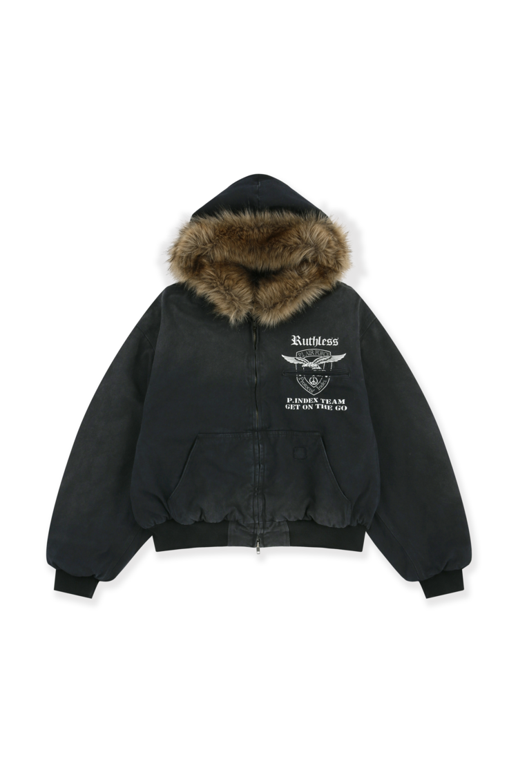 DETACHABLE FUR HOODED WORK JACKET - BLACK : protocol-index