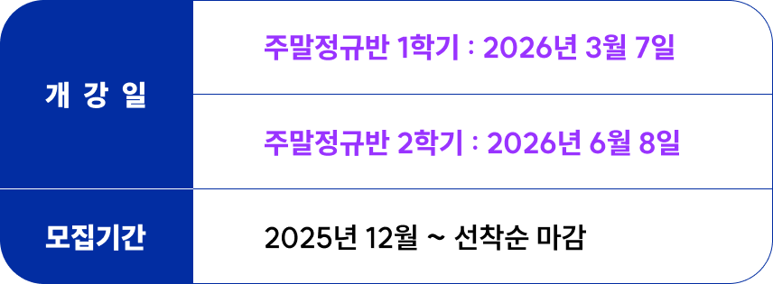 <p>주말몰입반 개강일 : <br>1학기 - 2026년 3월 7일 <br>2학기 - 2026년 6월 8일<br>모집기간 : 2025년 12월부터 선착순 마감</p>