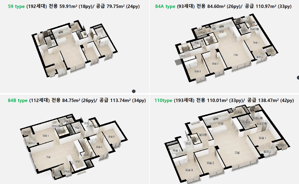 밀양 동원베네스트 나노파크 아파트 평면도, 전용 59㎡·84㎡·110㎡ 타입 공간구성 및 구조도