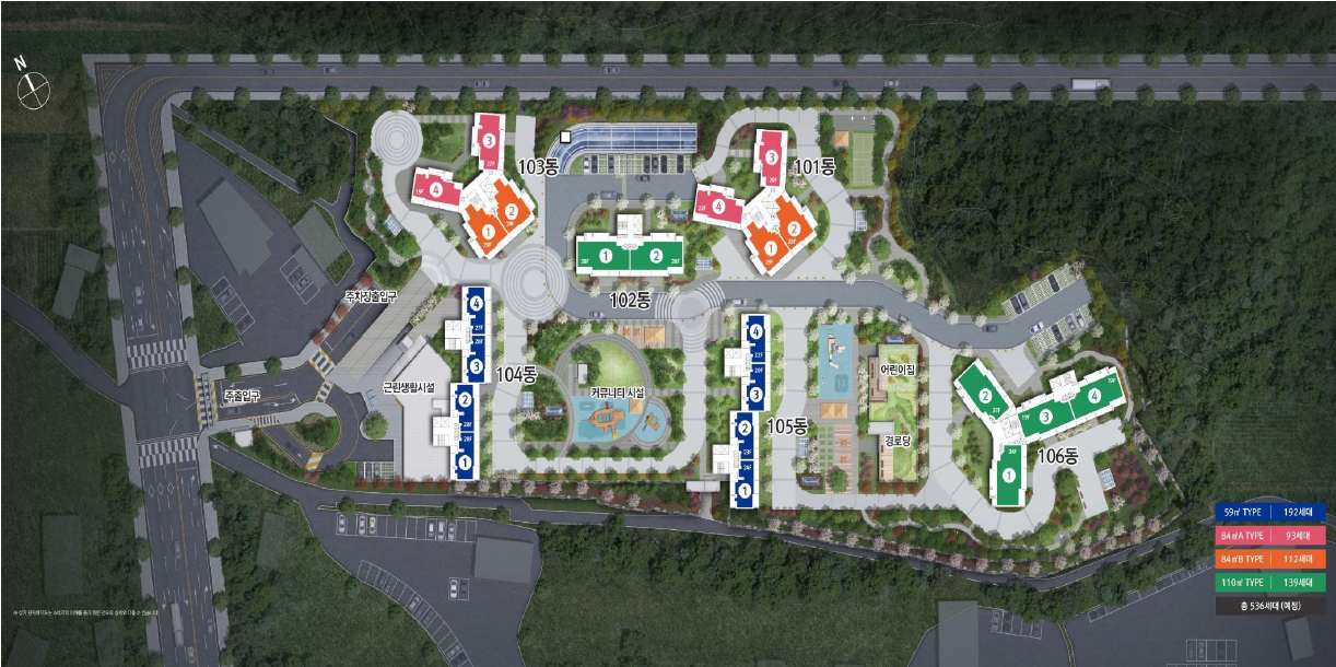 밀양 동원베네스트 나노파크 단지 설계도, 남향 위주 배치와 녹지 조경 중심의 단지 구성 이미지