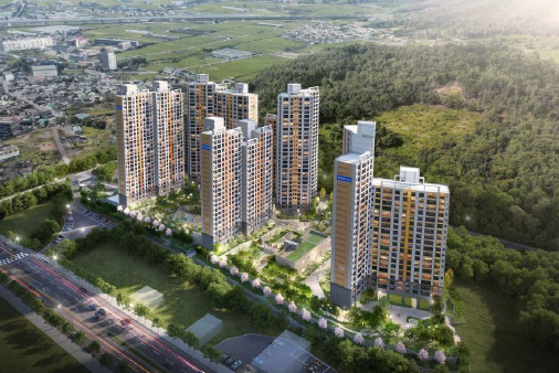 밀양 동원베네스트 나노파크 아파트 단지 조감도 전경, 내이동 중심 입지와 6개동 규모 설계 전경 이미지