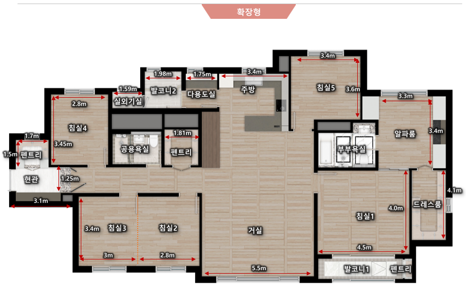 명지 에코델타시티 대방엘리움 3차 유니트 — 4Bay 판상형 구조, 넓은 거실과 주방 동선 최적화로 가족형 라이프스타일에 적합한 평면